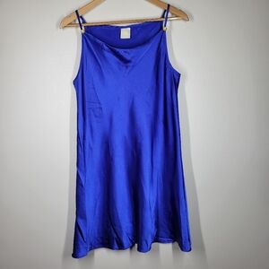 Vintage 90s Y2K Intimate Style Royal Blue Cowl Neck Satin Mini Slip Dress Large